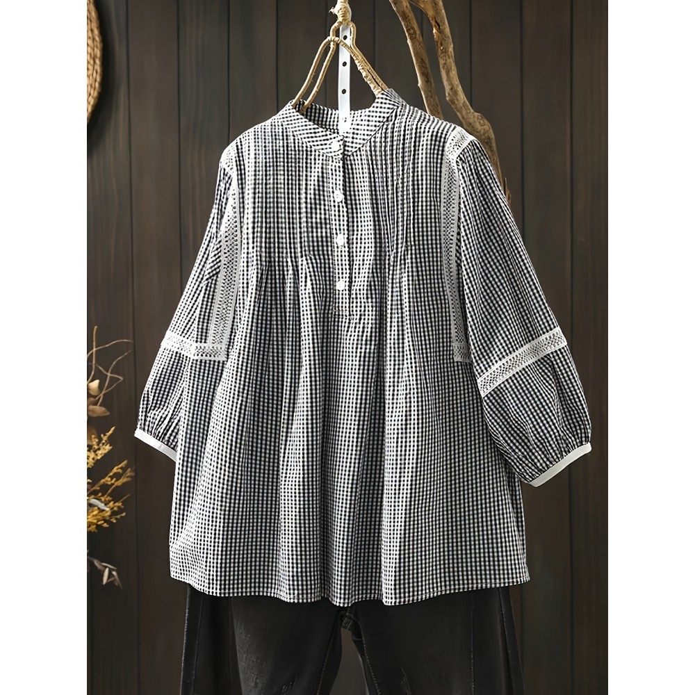 Plus Size, Women's Blouse - Elegant Black & White Grid Pattern Shirt with Rounded Neckline, Non-Stretch Fabric for Fall/Winter Everyday & Formal Outfits - Machine Washable Office Casual Blouse, Fall Fashion Top, Long Sleeve Top, Textured Fabric