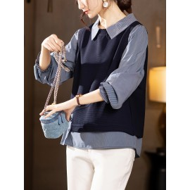 Plus Size, Women's Blouse - Non-Stretch Button-Front Shirt with Stand-Up Collar, Navy Blue Office to Casual Chic Tops for Everyday & Formal Events, Versatile Top, Layered Look, Structured Fabric, Stylish Top, Working Professionals