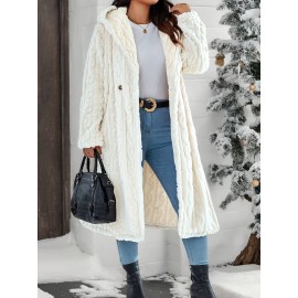 Plus Size - Women'S Plush Fleece Coat - Elegant Hooded Winter Jacket with Double-Breasted Front Closure, Soft Plush Collar & Full-Length Zipper