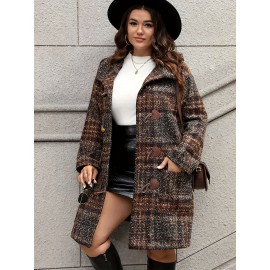 Plus Size, Plus Size Women's Elegant Tweed Coat with Double-Layer Hood & H-Line Silhouette - Knee-Length Button-Front Winter Jacket, Spacious Warm Outerwear for Fall/Winter, Casual to Dressy Occasions (Machine Washable)