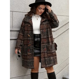 Plus Size, Plus Size Women's Elegant Tweed Coat with Double-Layer Hood & H-Line Silhouette - Knee-Length Button-Front Winter Jacket, Spacious Warm Outerwear for Fall/Winter, Casual to Dressy Occasions (Machine Washable)