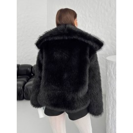 Women's Plus Size Elegant Faux Fur Coat - Plush Winter Jacket with Oversized Lapel Collar, Hand Washable Solid Color Outerwear for Fall & Winter, Ladies Winter Coats, Cold Weather Wear, Sophisticated Style, Soft Texture, Fashion Lovers, Seasonal Fashion, Cozy Texture, Fashionconscious Women