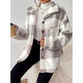 Plus Size, Women's Plus Size Elegant Plaid Jacket with Teddy Bear Collar & - Cozy Winter Coat, Black & White Check Pattern, Button Front Closure, Machine Washable Long Sleeve Outerwear for Fall/Winter (Casual to Formal) - Warm