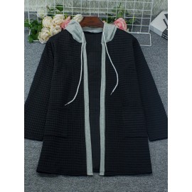 Plus Size - European And American Autumn And Winter Fashion Elegant Faux Two-Piece Cardigan with Pockets And Drawstring Hood, Long Plus-Size Women'S Coat.