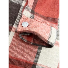 Plus Size - Women'S Elegant Geometric Plaid Long Coat with Pockets - Metal Button Lapel Collar, Non-Stretch Fabric, Fall Outerwear, Brown & White Checkered Pattern, Casual Chic Style, Casual Chic Wear | Checkered Pattern Coat | Structured Design, Plus Size Winter Coats for Women, Ladies Winter Coats, Twopocket Design, Stylish Outerwear, Curvy Women
