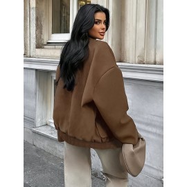 Plus Size, Women's Oversized Brown Jacket - Plus Size Casual Collar Coat with White Button Closure, Dropped Shoulder H-Line Silhouette & Chest Pocket - All-Season Outerwear for, Date, Everyday (Machine Washable) - Elegant Brown Blazer
