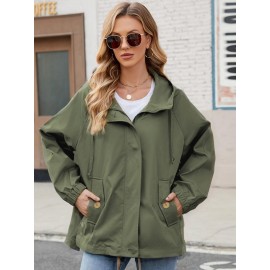 Plus Size - Plus Size Women'S Elegant Hooded Trench Coat - Loose-Fit Windproof Jacket with Double Zipper Closure, Long Sleeves & Belted Waist - /Neutral Tones - Spring/Fall