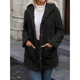 Plus Size, Women's Teddy Bear Plush Winter Coat - Elegant Hooded Jacket with Plush, Front Pockets & Button Closure, Beige/Black Mid-Length Outerwear for Fall/Winter, Machine Washable Cold Weather Blazer, Mature Style for Parties & Daily Wear