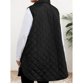Women'S Casual Quilted Mid-Length Vest with Front Pockets - Soft Polyester, Button-Up, Loose Fit for Casual Attire, Versatile Layering Piece | Buttonfront Vest | Functional Pocket