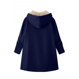 Plus Size, Women's Mid-Length Hooded Winter Coat with Fleece Lining - Light Grey & Casual Elegant Outerwear, Full-Zip Closure, Relaxed Fit, Machine Washable, Pockets for Fall and Winter Warmth (Office to Weekend Wear)