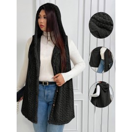 Plus Size - Women'S Plus Size Fuzzy Jacquard Hooded Vest Jacket - Thick Warm Winter Coat with Single-Breasted Button Front, Sleeveless Mid-length Solid Color Elegant Outerwear For Fall & Winter