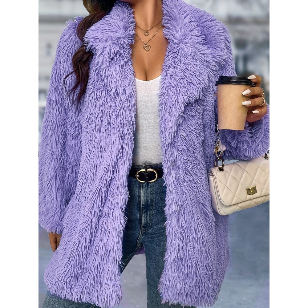 Plus Size - Women'S Plus Size Elegant Furry Coat - Long Sleeve Winter Jacket with Plush Fur Trim, Solid Color Design for Fall/Winter, Casual & Formal Outfits - Easy Care Hand Washable Outerwear