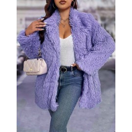 Plus Size - Women'S Plus Size Elegant Furry Coat - Long Sleeve Winter Jacket with Plush Fur Trim, Solid Color Design for Fall/Winter, Casual & Formal Outfits - Easy Care Hand Washable Outerwear