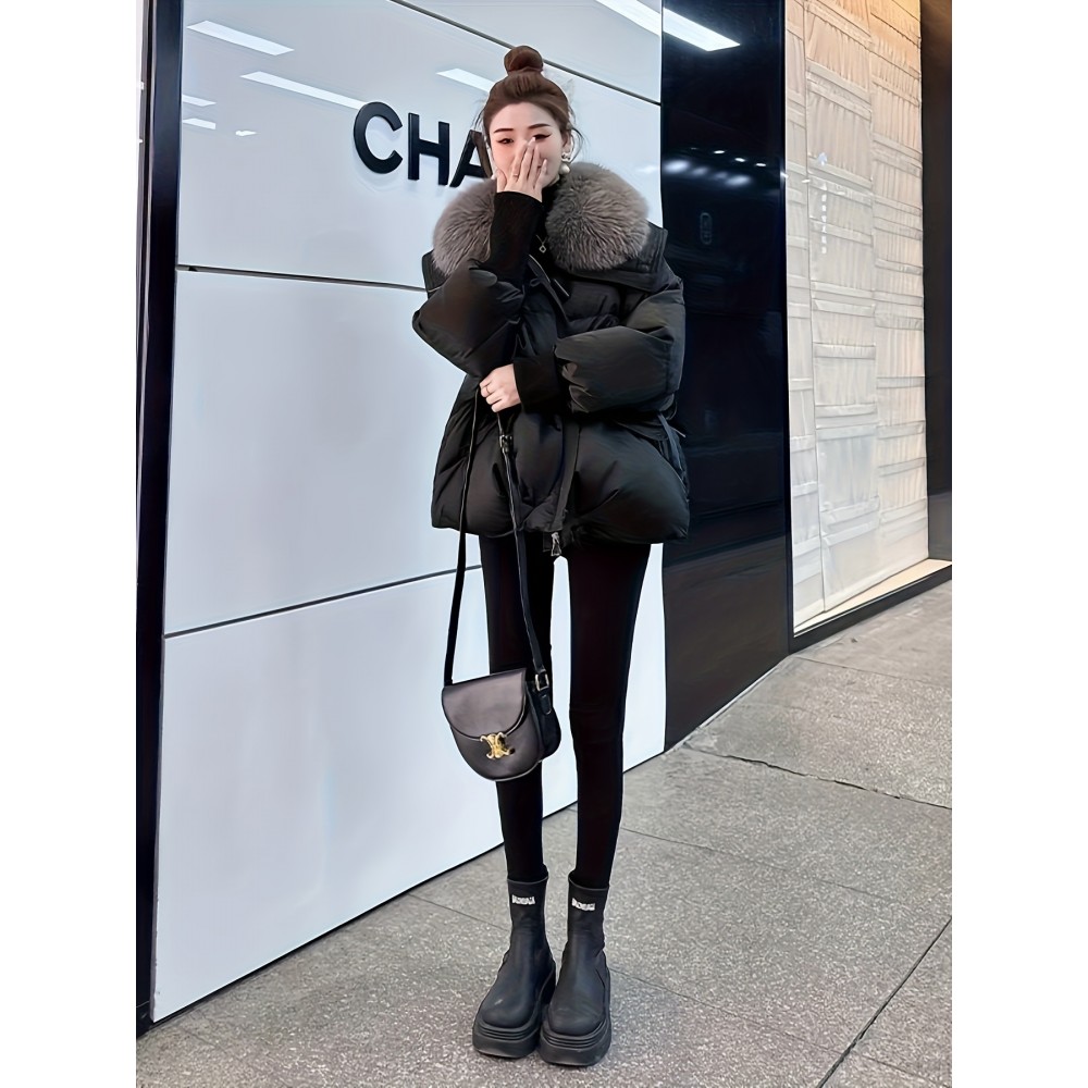 Plus Size - Plus Size, Women'S Elegant Winter Coat with Plush Faux Fur Collar & Full-Zip Front - Thickened Warm Outerwear, /Neutral Tones, Loose Fit Long Jacket for Fall & Winter, Plus Size Available, Winter Coats For Women