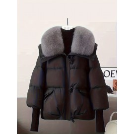 Plus Size - Plus Size, Women'S Elegant Winter Coat with Plush Faux Fur Collar & Full-Zip Front - Thickened Warm Outerwear, /Neutral Tones, Loose Fit Long Jacket for Fall & Winter, Plus Size Available, Winter Coats For Women