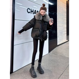 Plus Size - Plus Size, Women'S Elegant Winter Coat with Plush Faux Fur Collar & Full-Zip Front - Thickened Warm Outerwear, /Neutral Tones, Loose Fit Long Jacket for Fall & Winter, Plus Size Available, Winter Coats For Women