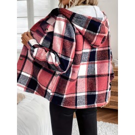 Plus Size, Women's Plus Size Plaid Jacket Winter Warm Corduroy-Like Lining Hooded Coat with Burgundy/Navy/Black/White Tartan, Zipper Closure & Pockets - Elegant Casual Outerwear (Maroon Collar) for Fall/Winter, Machine Washable