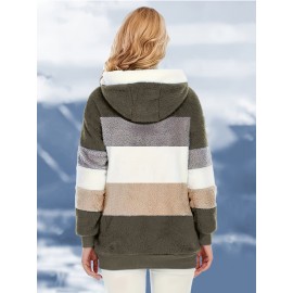 Plus Size Striped Fuzzy Hooded Coat - Soft, Warm, and Cozy Long Sleeve Zipper Coat for Fall and Winter - Women's Casual Outerwear for Cold Weather