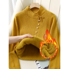 Women's Thick & Soft Sweater with Bow Buttons - Winter Warm Round Neck Long Sleeve Cozy Sweater, Beige & White Cable- Design, All-Season Casual Elegant Pullover for Fall and Winter Layering, Hand Wash or Dry Clean, Solid Color with Bow Detail, Medium Stretch, Relaxed Fit, Fleece Lining for Extra Warmth, Chic and Comfortable for Casual Attire, Cozy Sweaters For Women, Casual Long Sleeve Sweater, Oversized Knit Sweater, Colourfull Loose Sweater For Women,