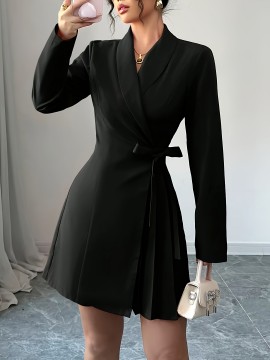 Elegant Lapel Long Sleeve Dress with Bow Tie and Pleats | Mid-Length, Solid Color, Fitted, Perfect for Spring/Fall, Commute and Party Essentials