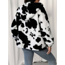Plus-Size Women's Clothing | Cow Print Hooded Jacket | Black and White Printed Faux  Jacket with Pockets | Warm Autumn and Winter Jacket | Machine Washable | Elegant and Stylish Cow Print Jacket | Ideal for Casual Casual Attire