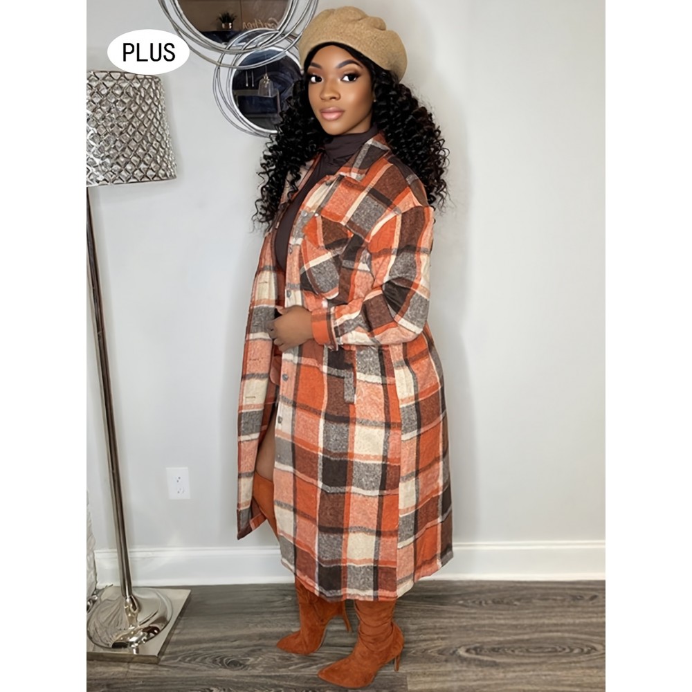 Plus Size - Women'S Elegant Geometric Plaid Long Coat with Pockets - Metal Button Lapel Collar, Non-Stretch Fabric, Fall Outerwear, Brown & White Checkered Pattern, Casual Chic Style, Casual Chic Wear | Checkered Pattern Coat | Structured Design, Plus Size Winter Coats for Women, Ladies Winter Coats, Twopocket Design, Stylish Outerwear, Curvy Women